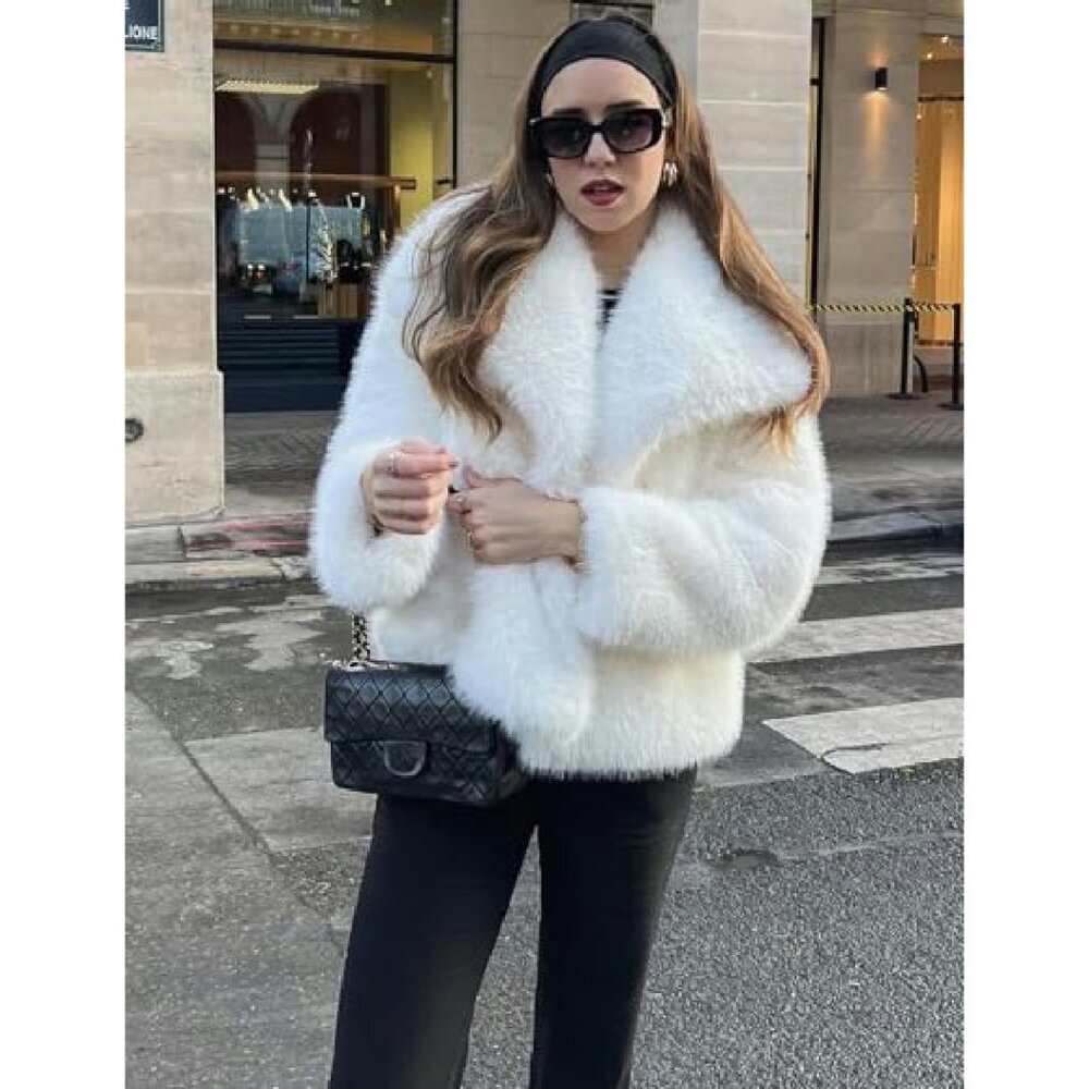 Cropped Faux Fur Jacket Lapel Collar Winter Warm Fluffy Shaggy Coat - Picture 3 of 7
